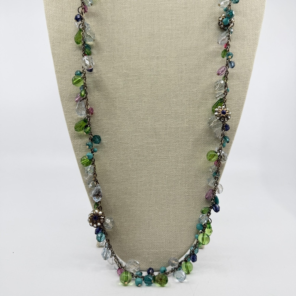 Multicolor Crystal Bead Flower Charm Necklace Antique Gold Tone Boho Statement
